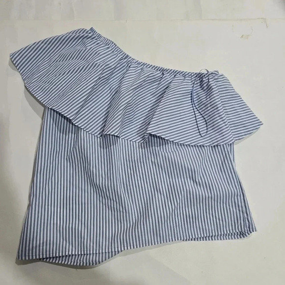 New GAP Womens One Shoulder Striped Ruffle Top Size‎ Small White Blue - Picture 4 of 9